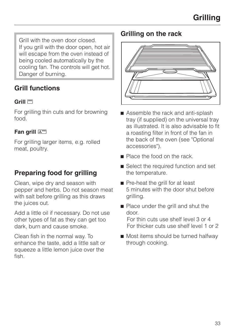 Grilling 33, Grilling, Grill functions | Preparing food for grilling, Grilling on the rack | Miele H4200 User Manual | Page 33 / 64