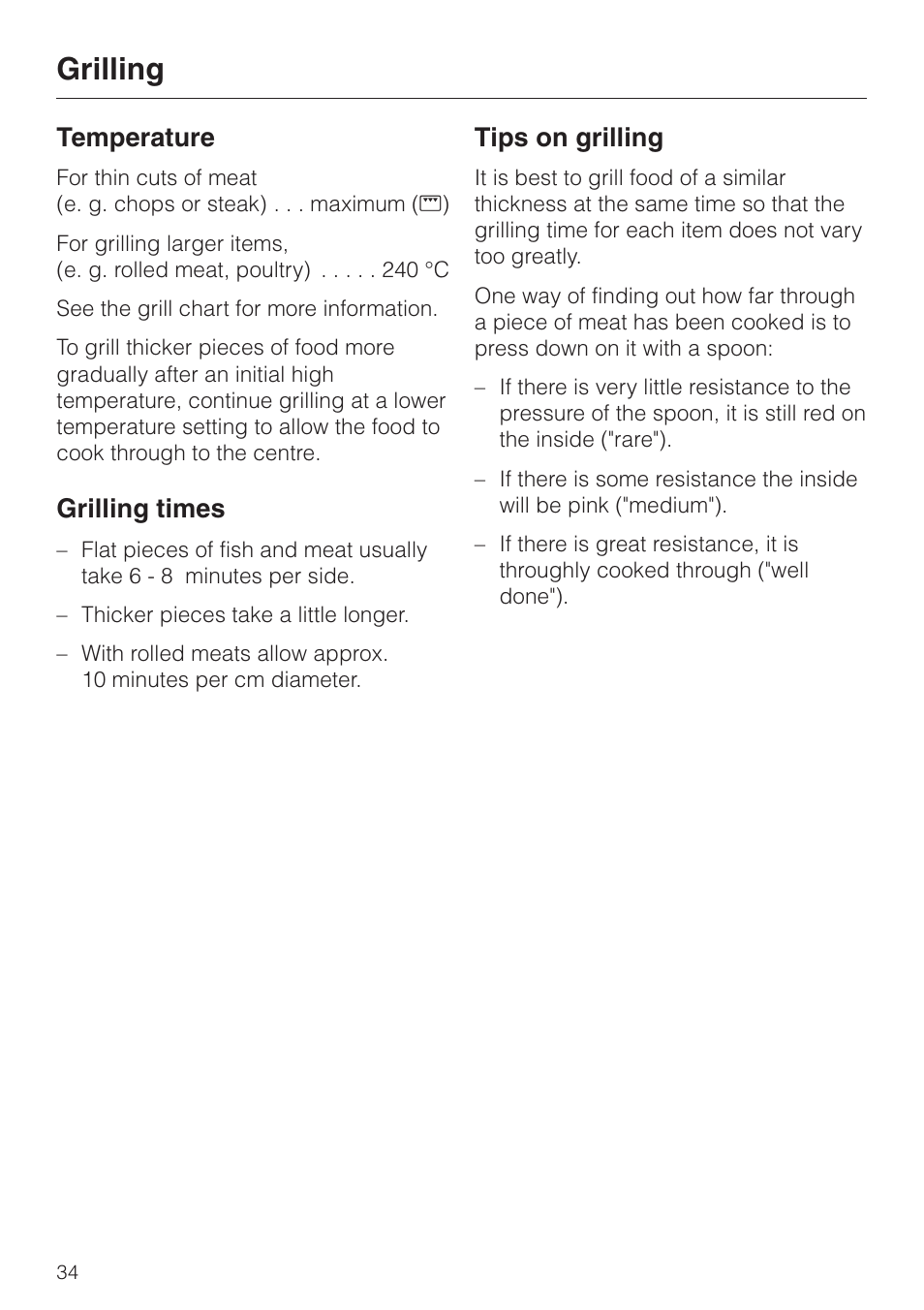 Grilling, Temperature, Grilling times | Tips on grilling | Miele H4200 User Manual | Page 34 / 64