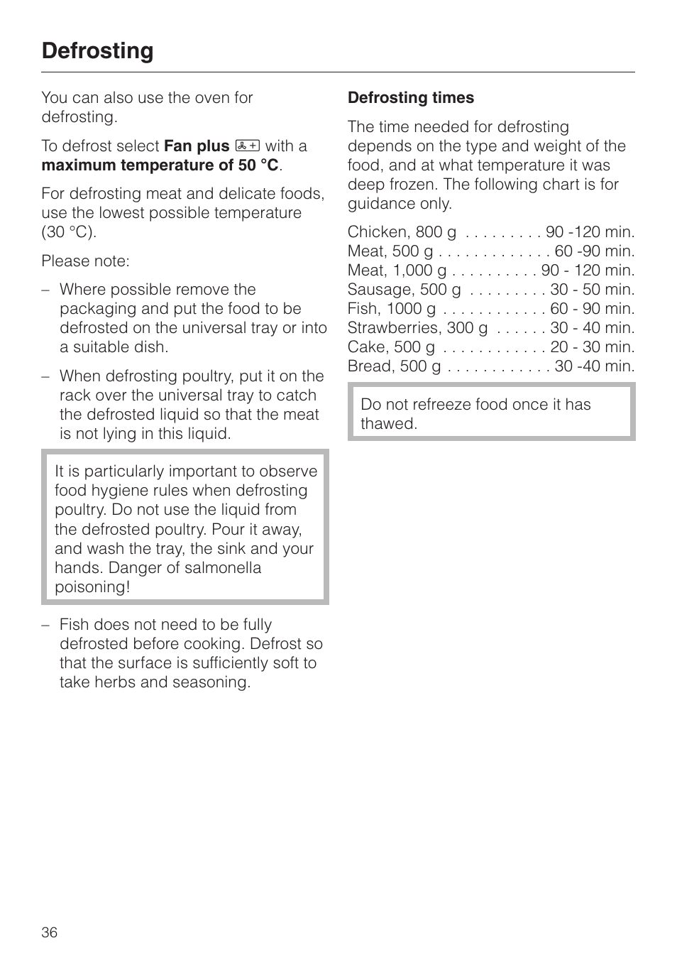 Defrosting 36, Defrosting | Miele H4200 User Manual | Page 36 / 64