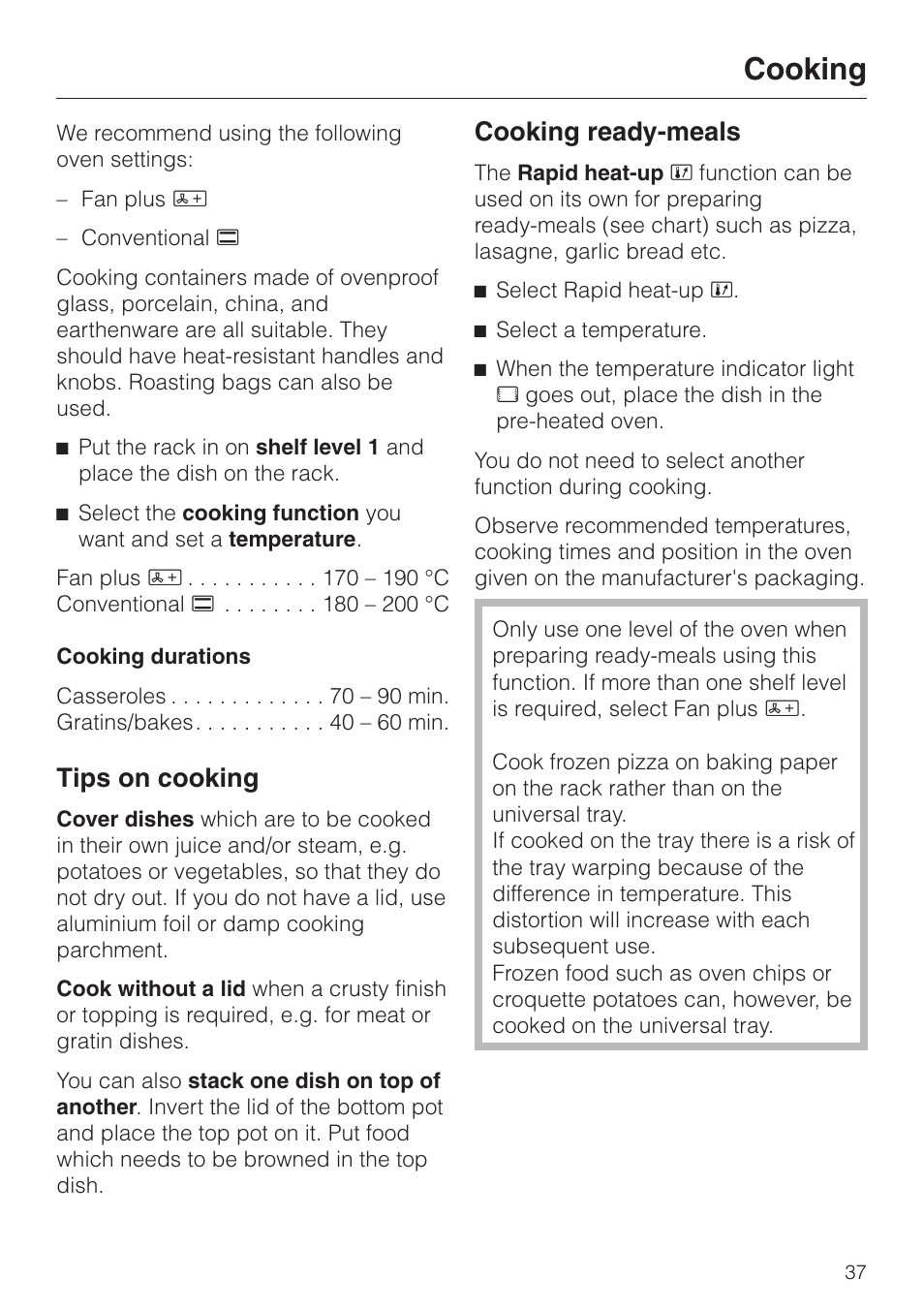 Cooking 37, Cooking ready-meals 37, Cooking | Tips on cooking, Cooking ready-meals | Miele H4200 User Manual | Page 37 / 64