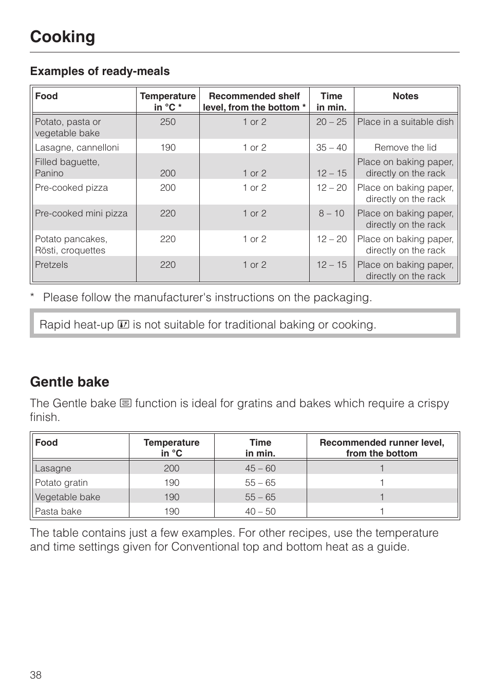 Examples of ready-meals 38, Gentle bake 38, Cooking | Gentle bake | Miele H4200 User Manual | Page 38 / 64