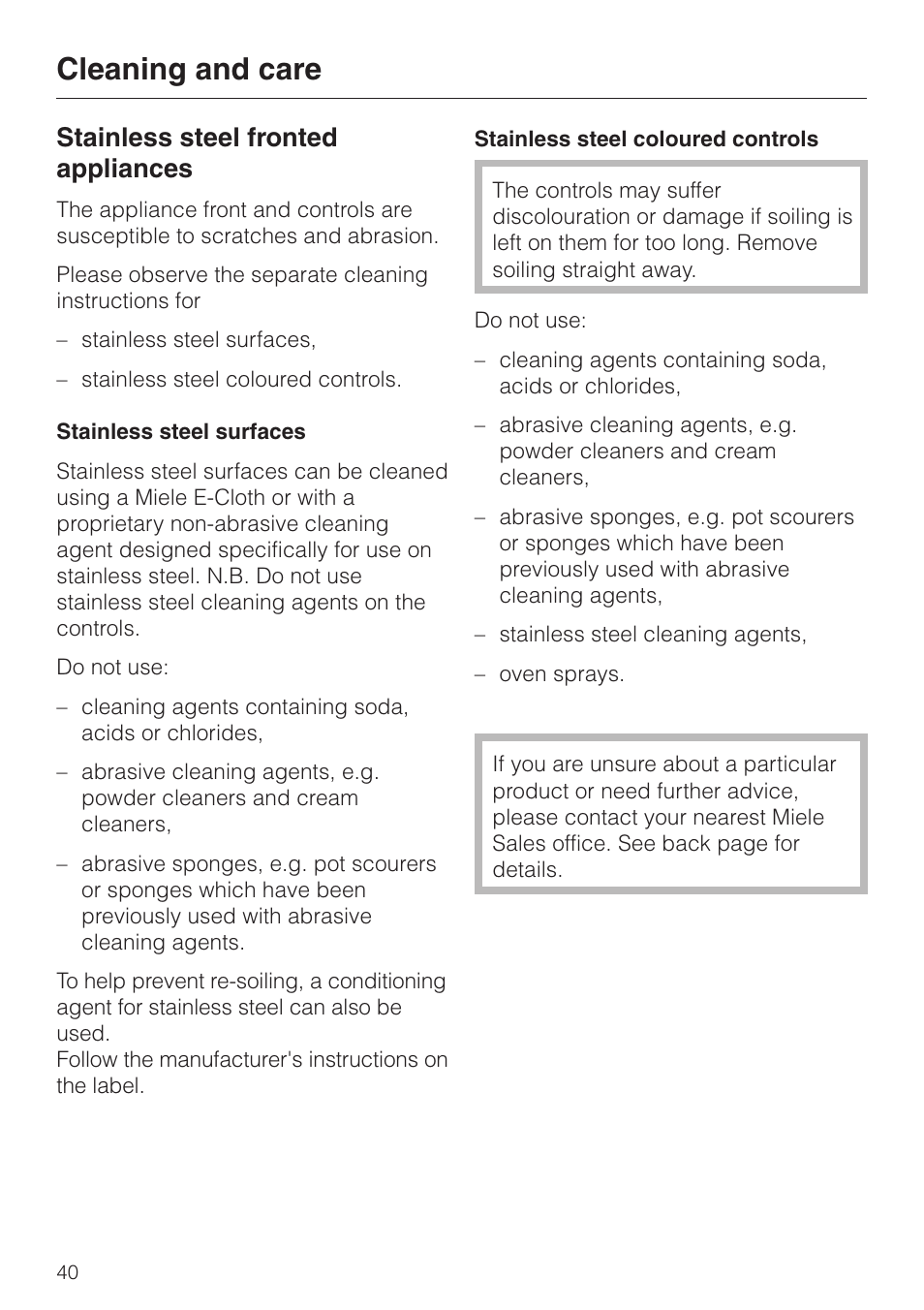 Cleaning and care, Stainless steel fronted appliances | Miele H4200 User Manual | Page 40 / 64