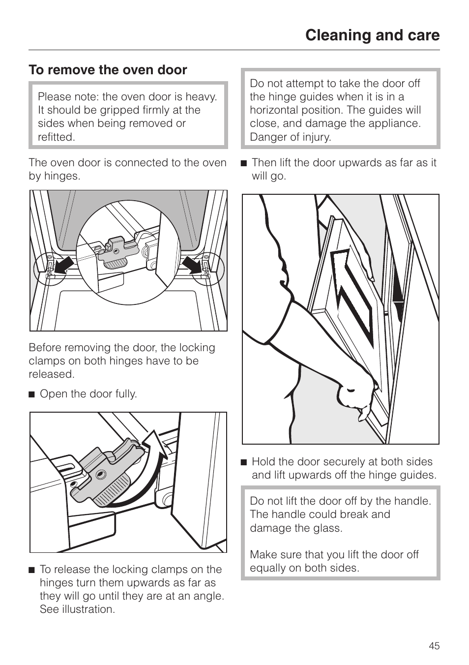 To remove the oven door 45, Cleaning and care | Miele H4200 User Manual | Page 45 / 64