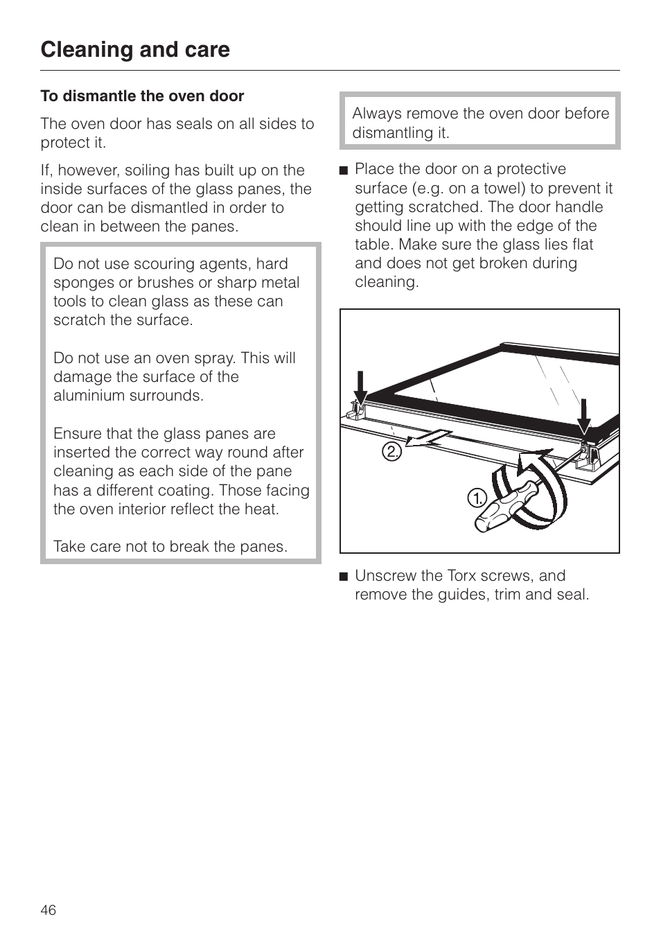 To dismantle the oven door 46, Cleaning and care | Miele H4200 User Manual | Page 46 / 64
