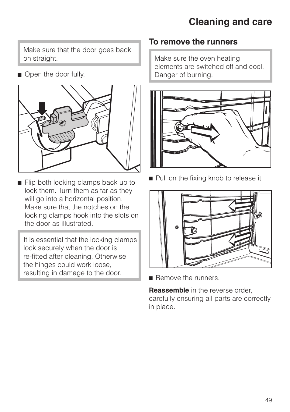 To remove the runners 49, Cleaning and care | Miele H4200 User Manual | Page 49 / 64