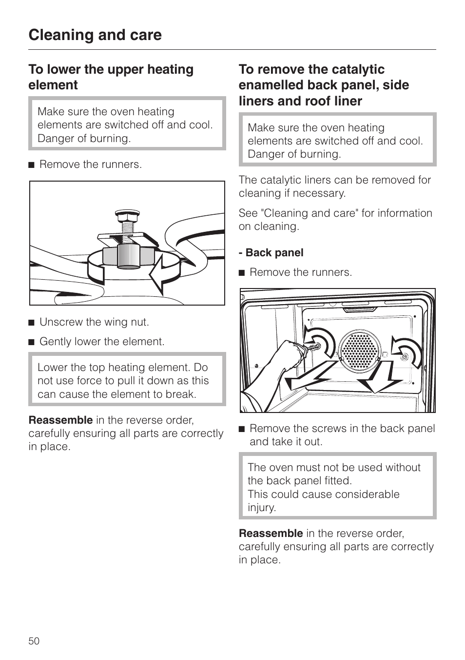 To lower the upper heating element 50, Cleaning and care | Miele H4200 User Manual | Page 50 / 64