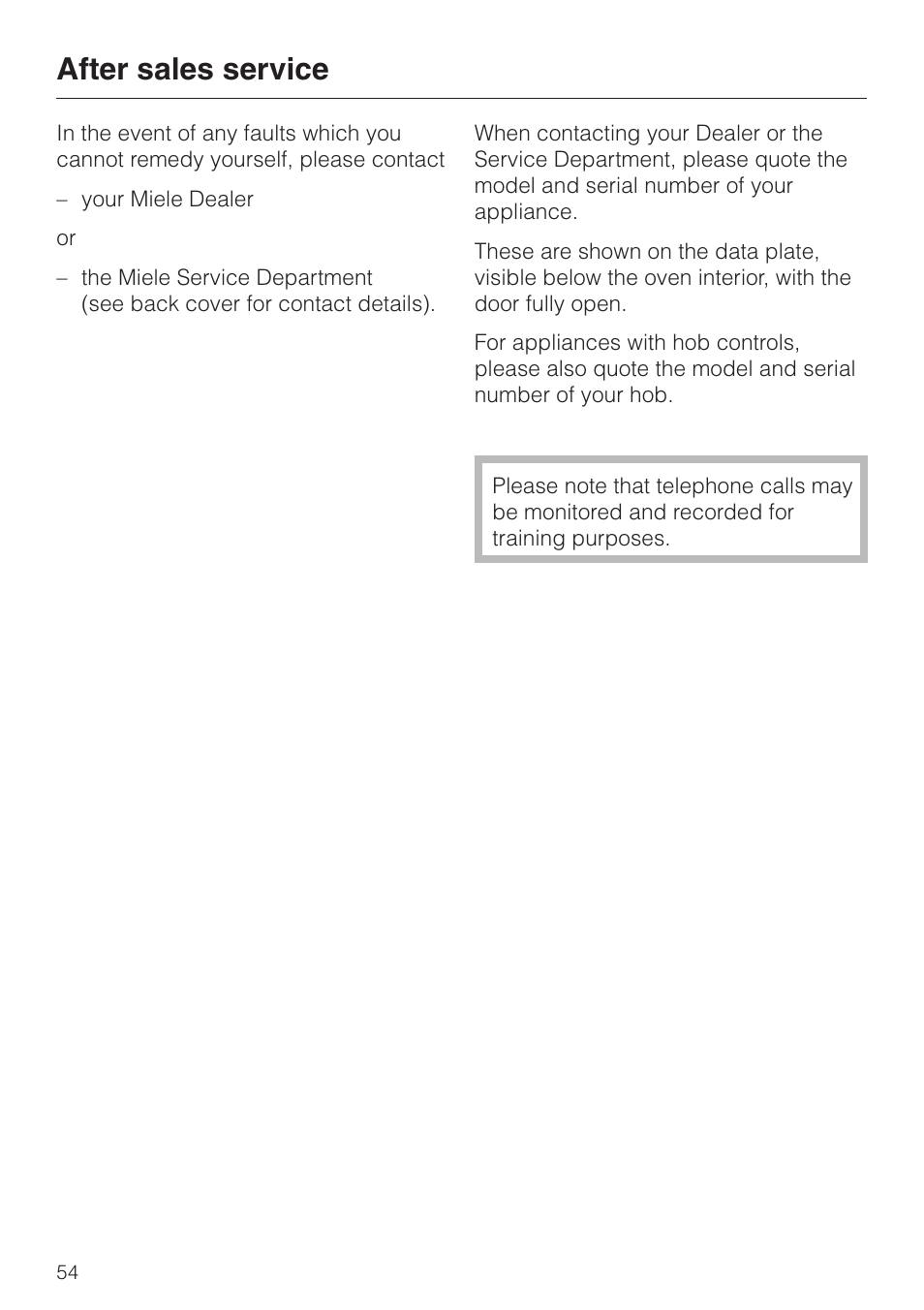 After sales service 54, After sales service | Miele H4200 User Manual | Page 54 / 64