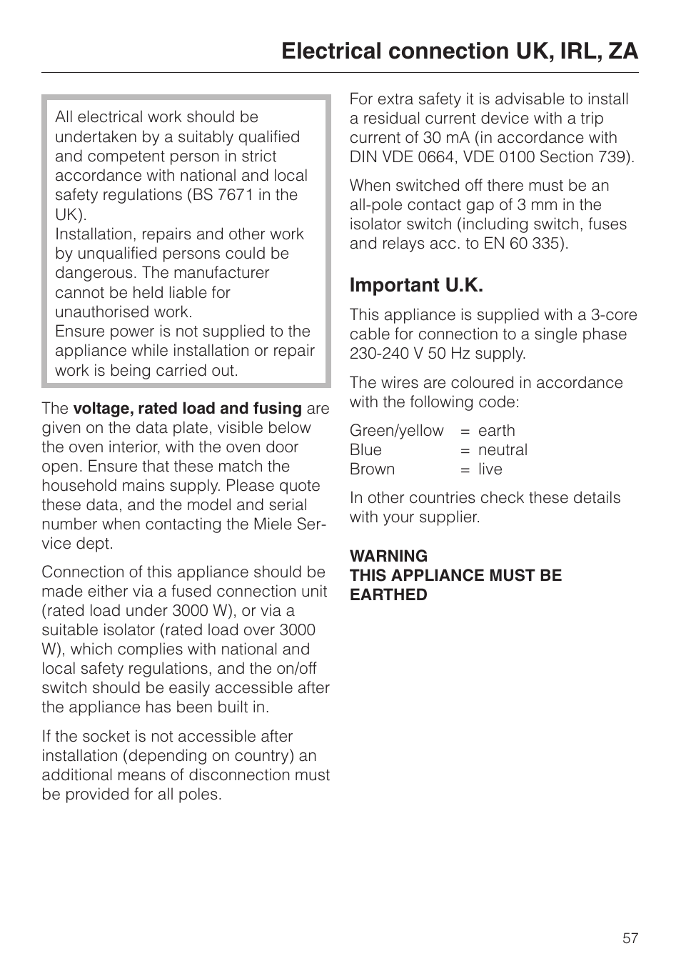 Electrical connection uk, irl, za 57, Electrical connection uk, irl, za, Important u.k | Miele H4200 User Manual | Page 57 / 64