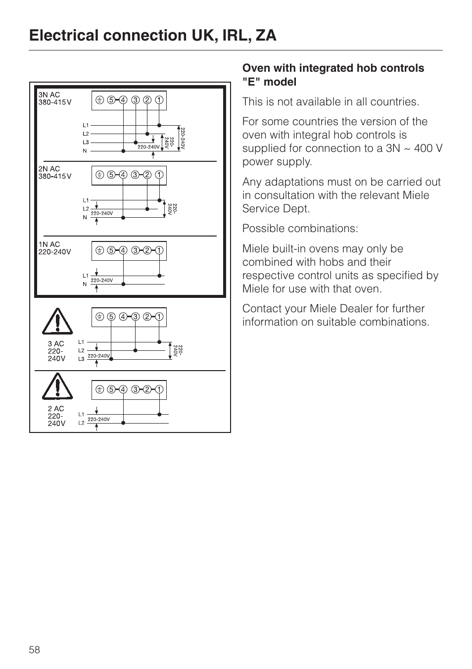 Electrical connection uk, irl, za | Miele H4200 User Manual | Page 58 / 64