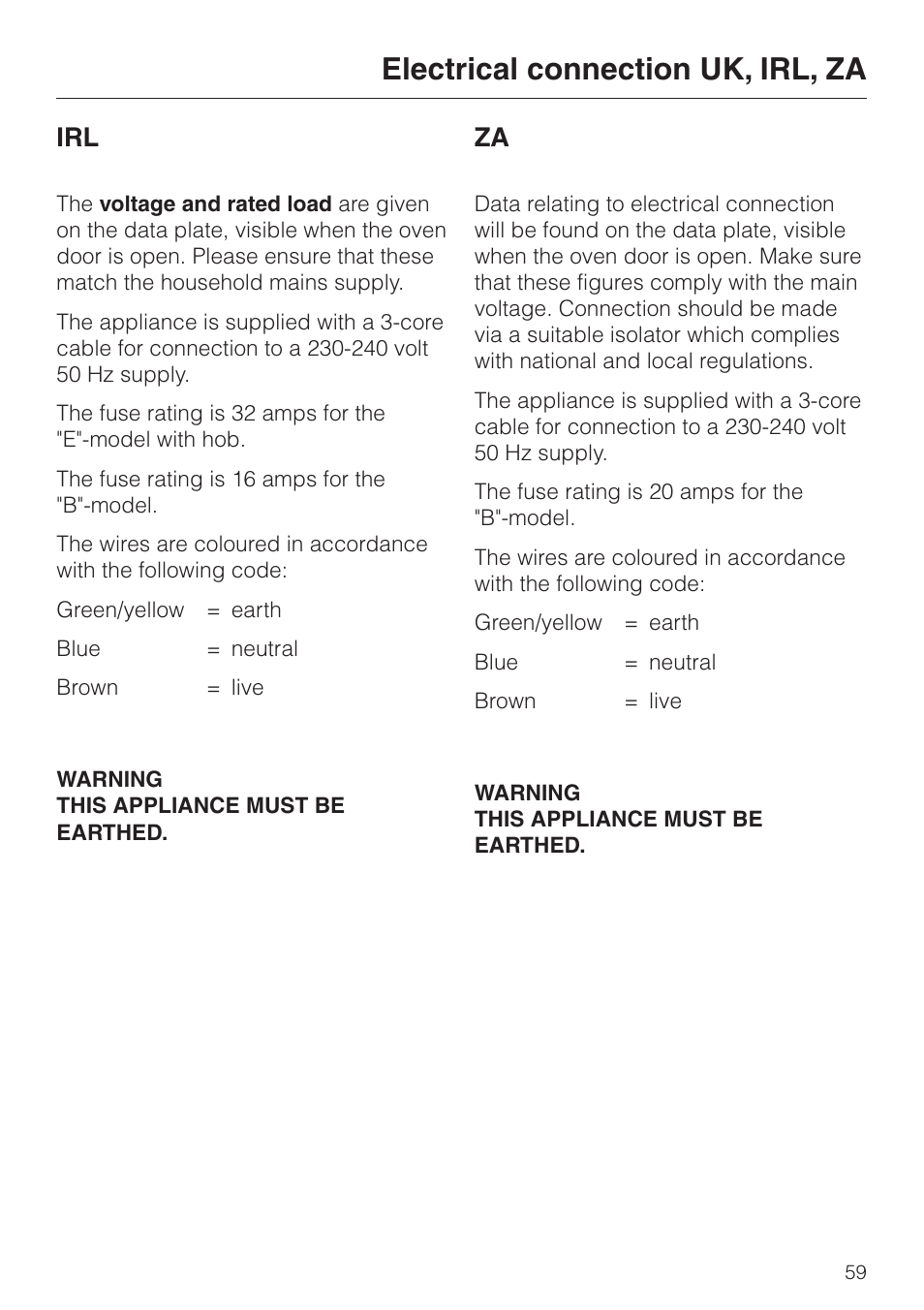 Electrical connection uk, irl, za | Miele H4200 User Manual | Page 59 / 64