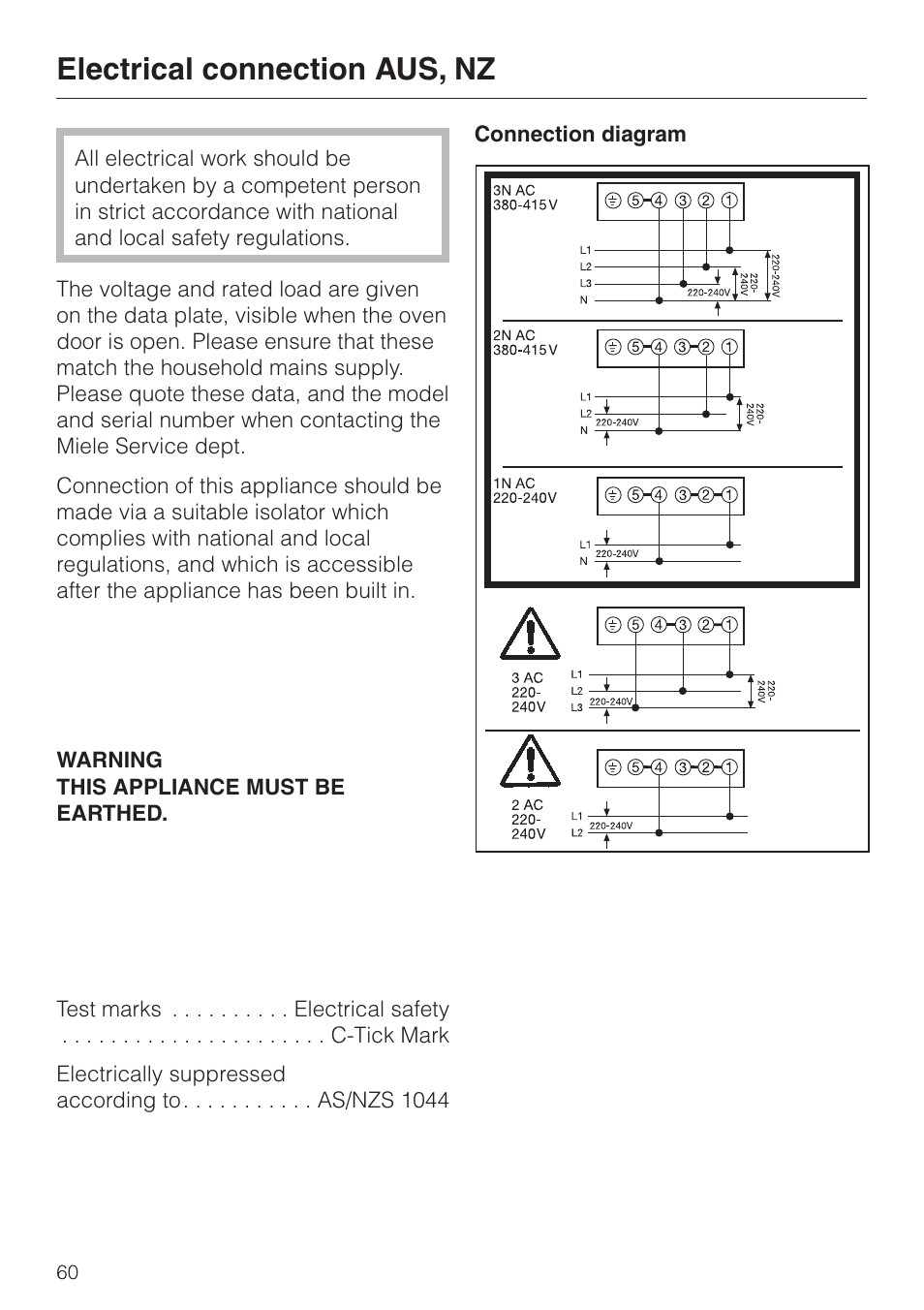 Electrical connection aus, nz 60, Electrical connection aus, nz | Miele H4200 User Manual | Page 60 / 64