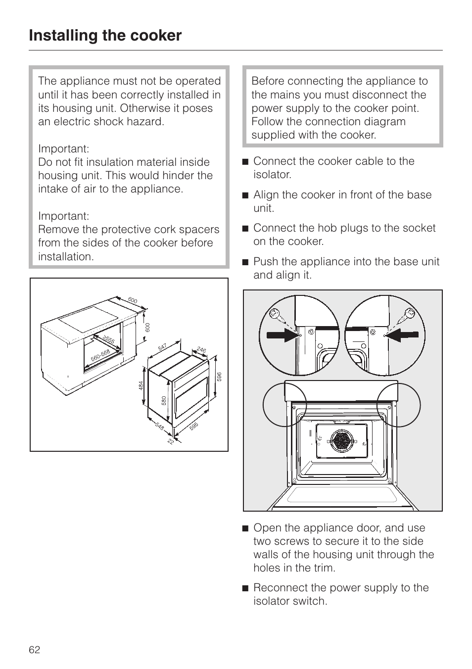 Installing the cooker 62, Installing the cooker | Miele H4200 User Manual | Page 62 / 64