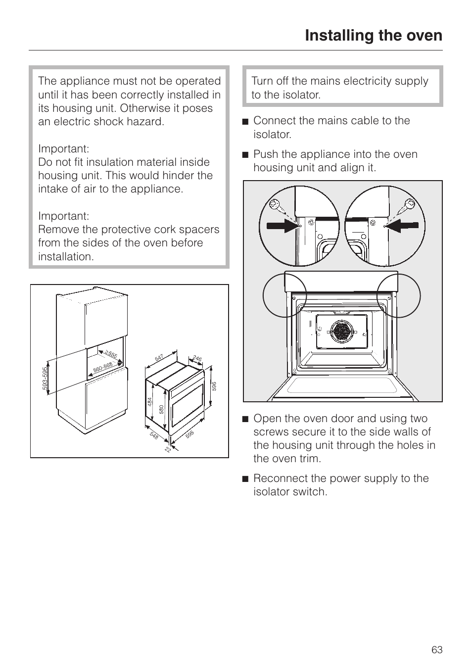 Installing the oven 63, Installing the oven | Miele H4200 User Manual | Page 63 / 64