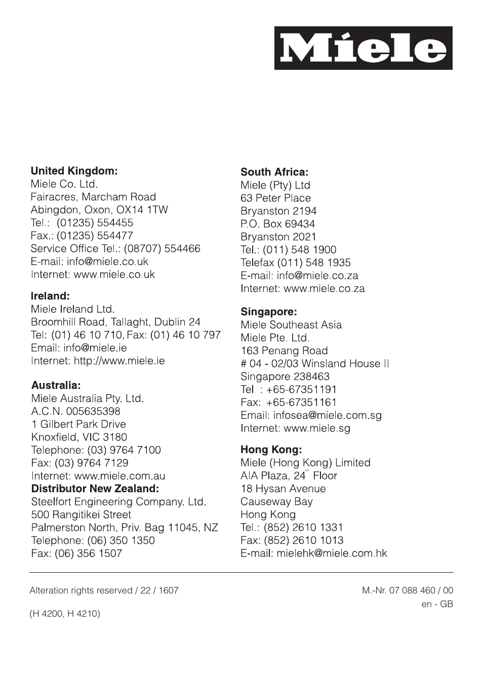 Miele H4200 User Manual | Page 64 / 64