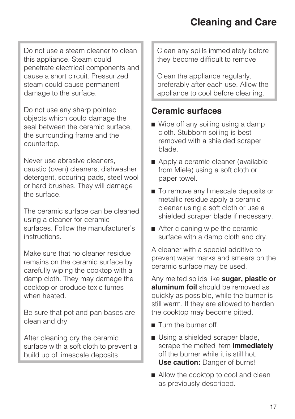 Cleaning and care 17, Cleaning and care, Ceramic surfaces | Miele KM 5621 User Manual | Page 17 / 36