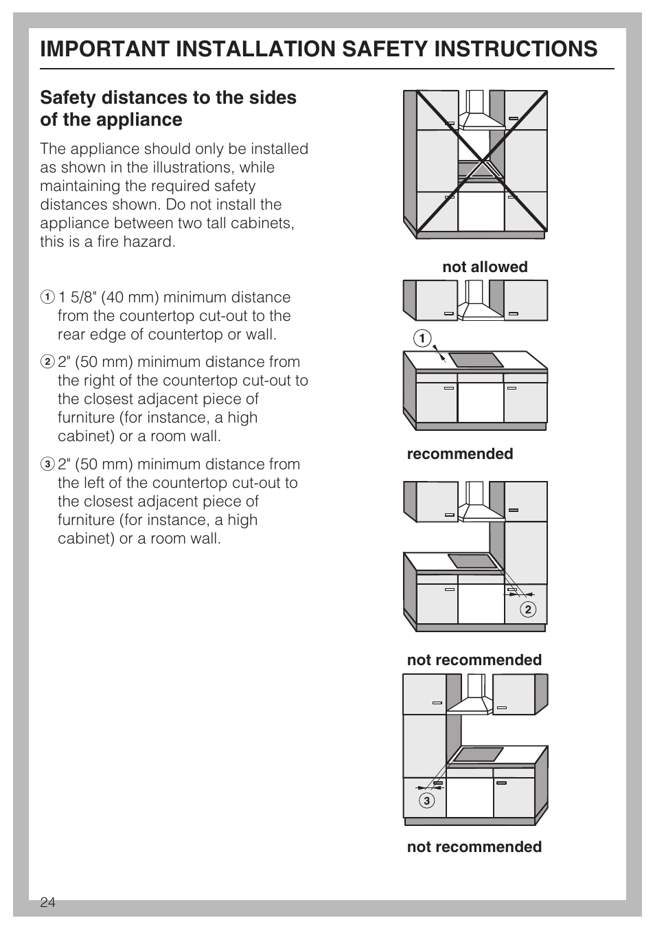 Important installation safety instructions, Safety distances to the sides of the appliance | Miele KM 5621 User Manual | Page 24 / 36