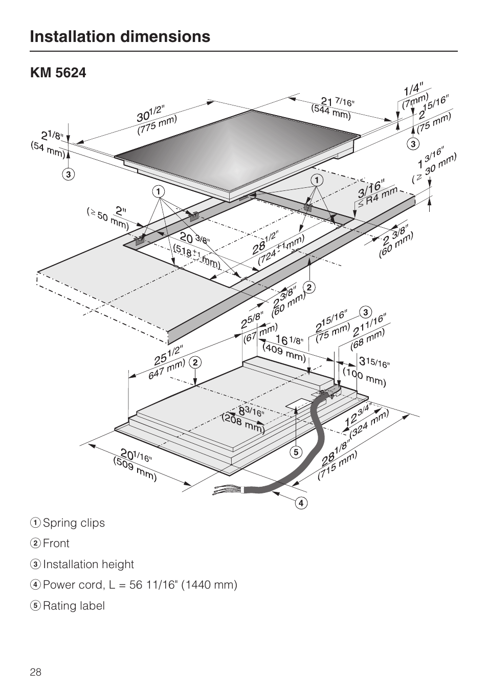 Km 5624 28, Installation dimensions | Miele KM 5621 User Manual | Page 28 / 36