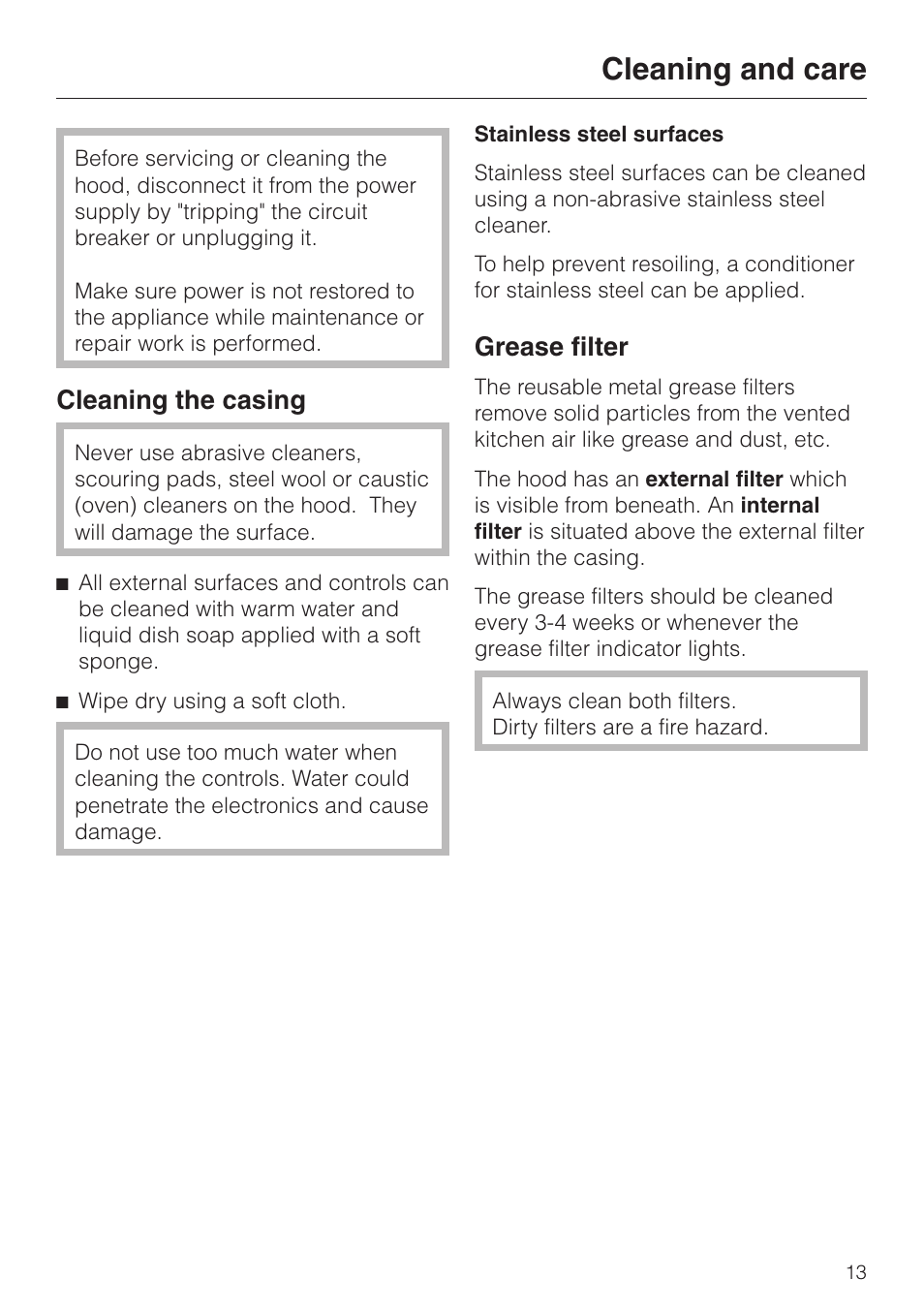 Cleaning and care 13, Cleaning the casing 13, Grease filter 13 | Cleaning and care, Cleaning the casing grease filter, Cleaning the casing, Grease filter | Miele DA329-1I User Manual | Page 13 / 44