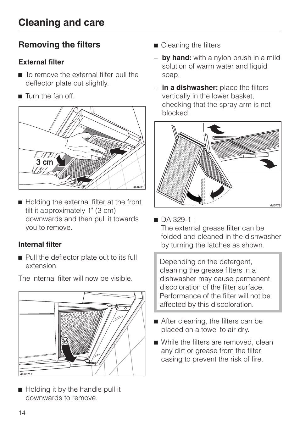 Cleaning and care, Removing the filters | Miele DA329-1I User Manual | Page 14 / 44