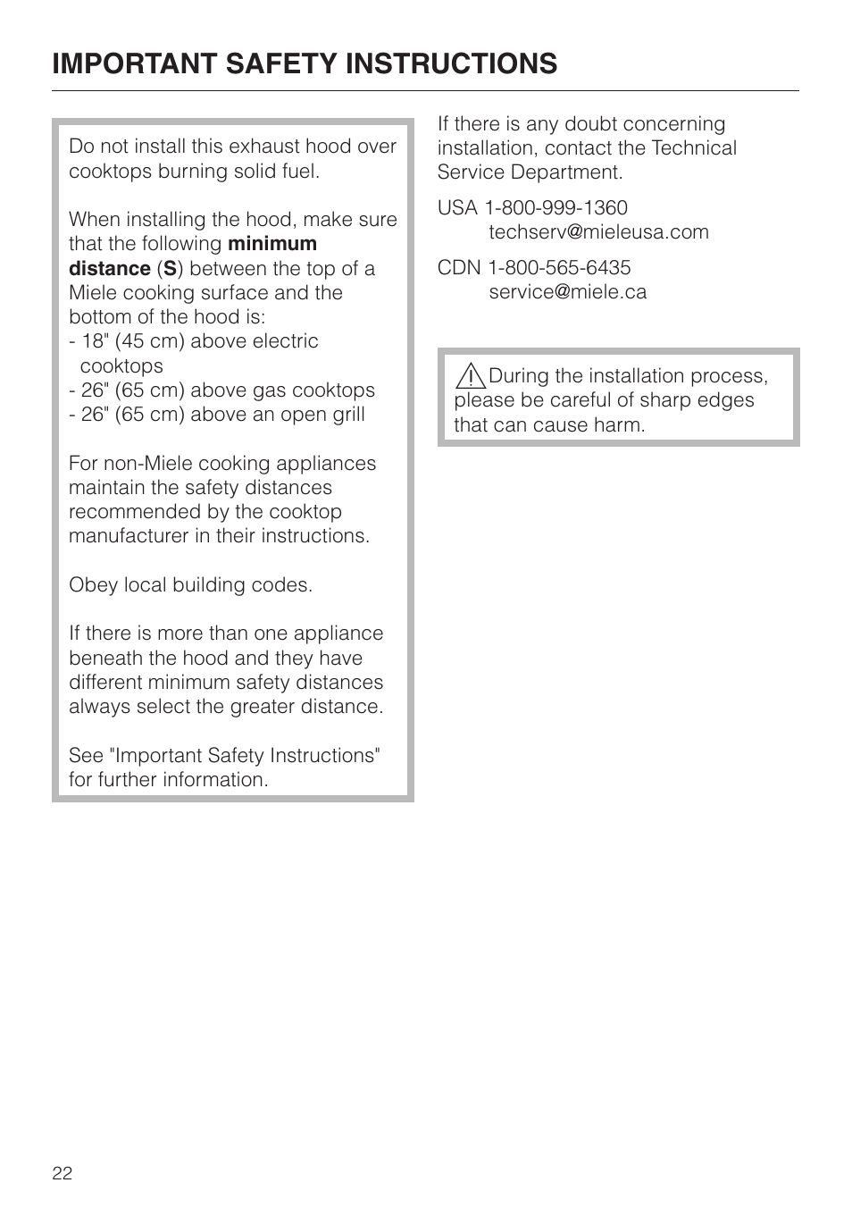 Important safety instructions 22, Important safety instructions | Miele DA329-1I User Manual | Page 22 / 44