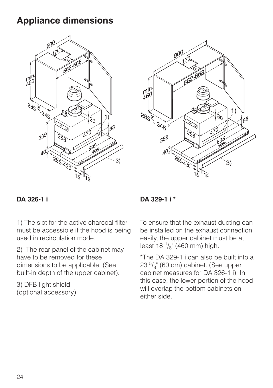 Appliance dimensions 24, Appliance dimensions | Miele DA329-1I User Manual | Page 24 / 44