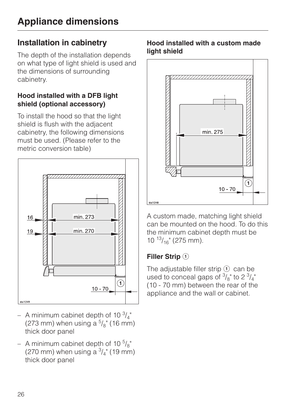 Appliance dimensions, Installation in cabinetry | Miele DA329-1I User Manual | Page 26 / 44