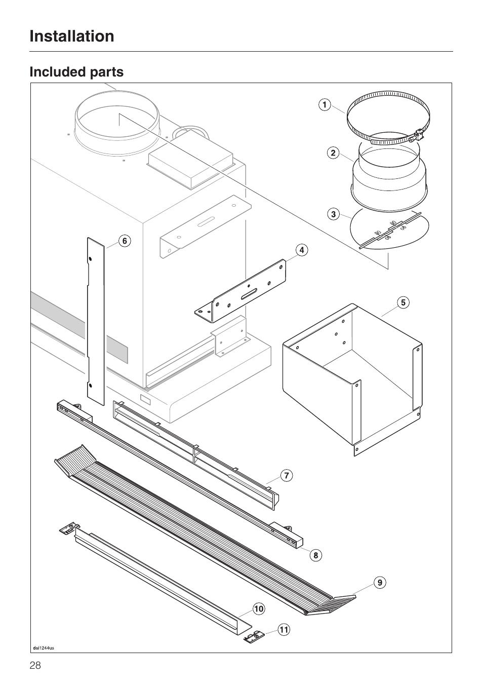 Installation 28, Included parts 28, Installation | Included parts | Miele DA329-1I User Manual | Page 28 / 44