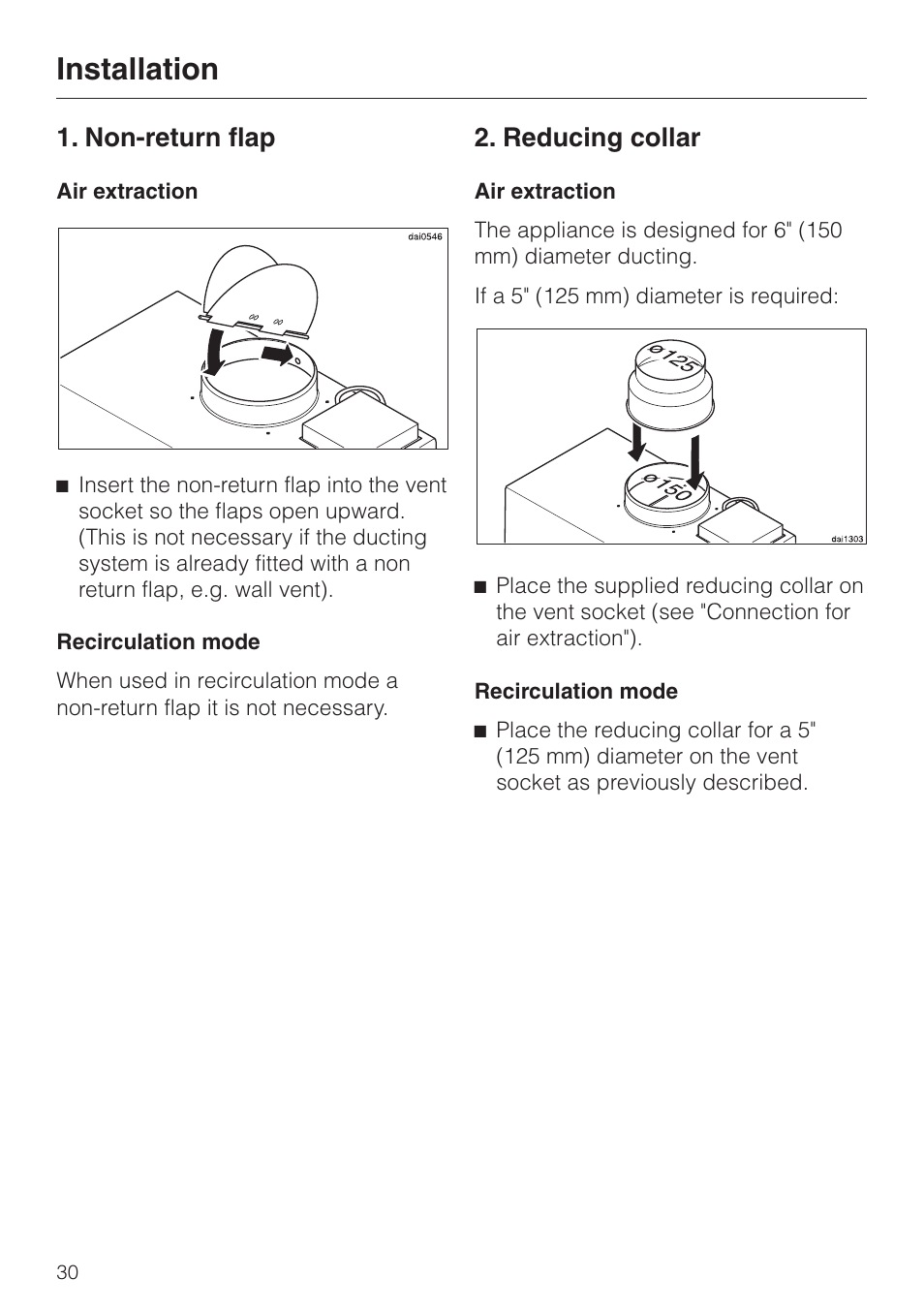 Non-return flap 30, Reducing collar 30, Installation | Non-return flap 2. reducing collar, Non-return flap, Reducing collar | Miele DA329-1I User Manual | Page 30 / 44