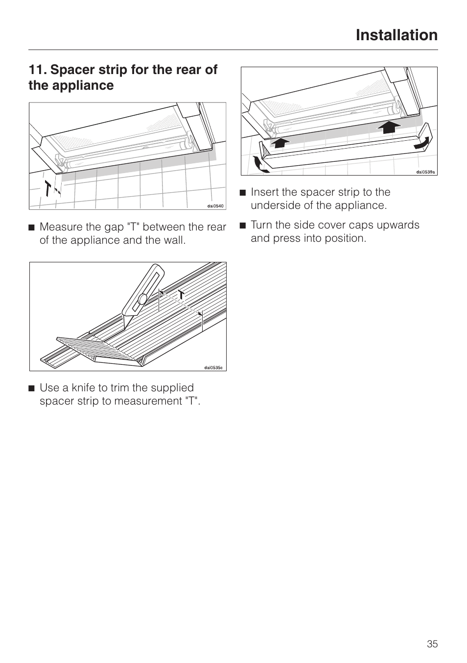 Spacer strip for the rear of the appliance 35, Spacer strip for the rear of the appliance, Installation | Miele DA329-1I User Manual | Page 35 / 44