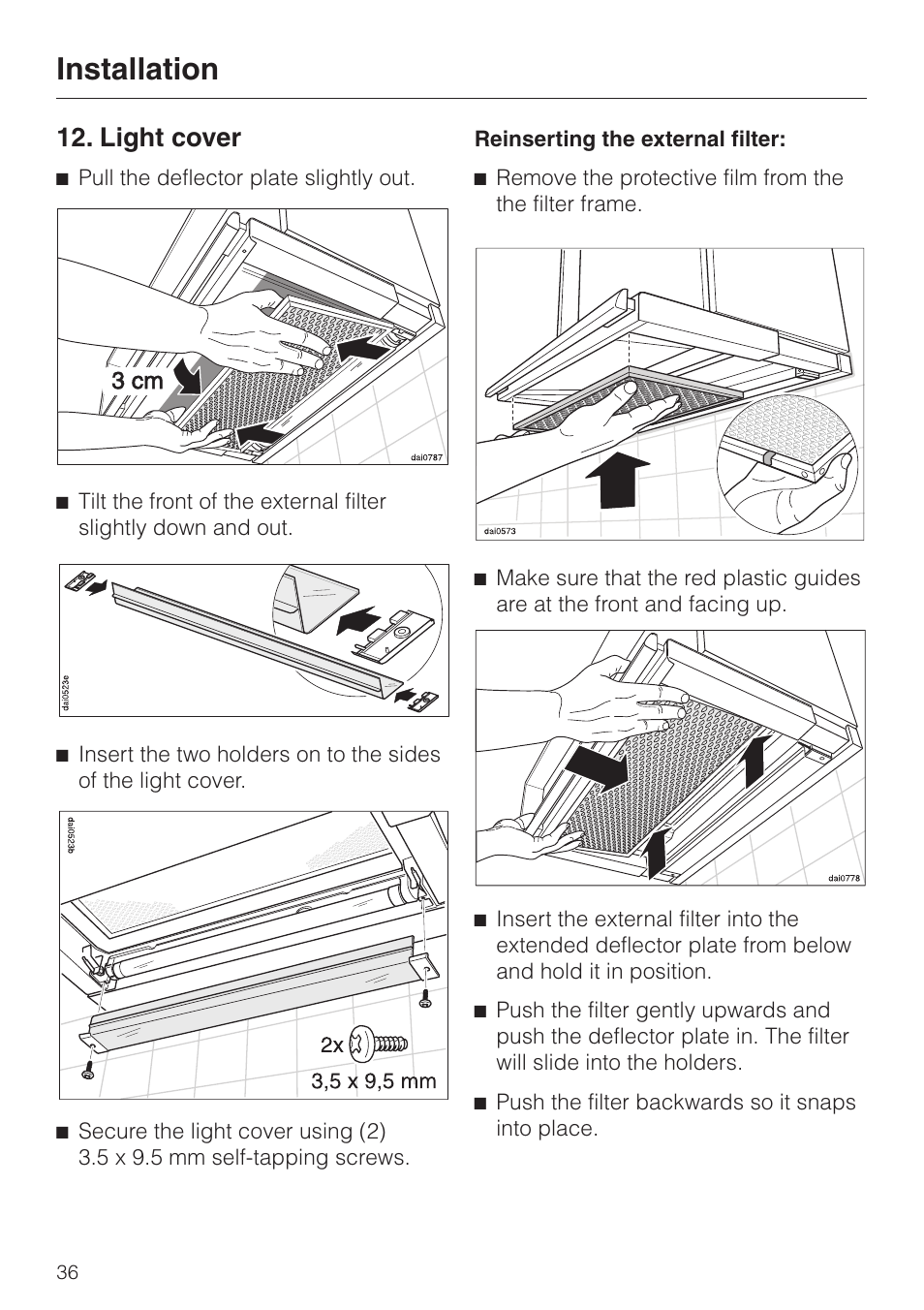Light cover 36, Light cover, Installation | Miele DA329-1I User Manual | Page 36 / 44