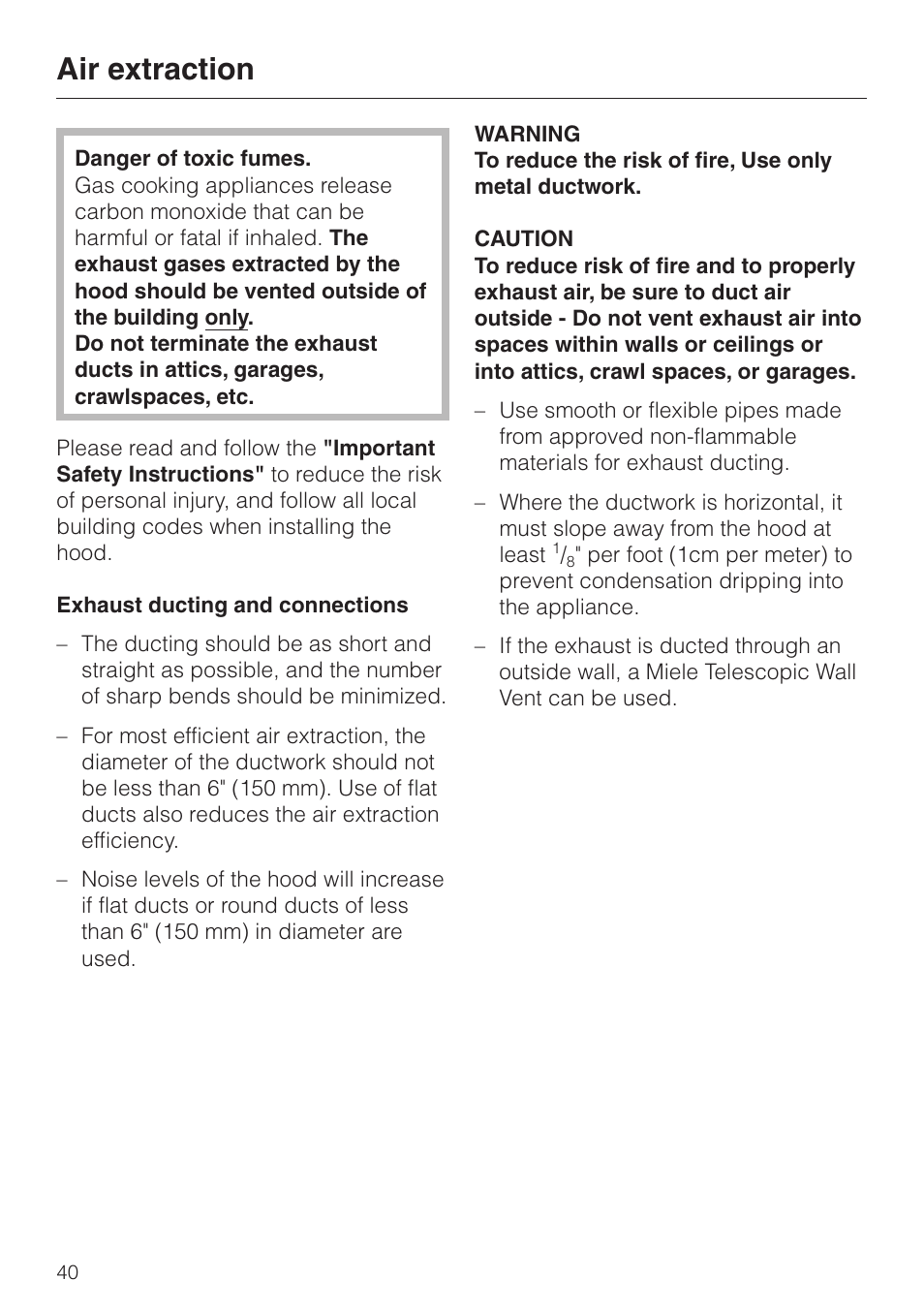 Air extraction 40, Air extraction | Miele DA329-1I User Manual | Page 40 / 44