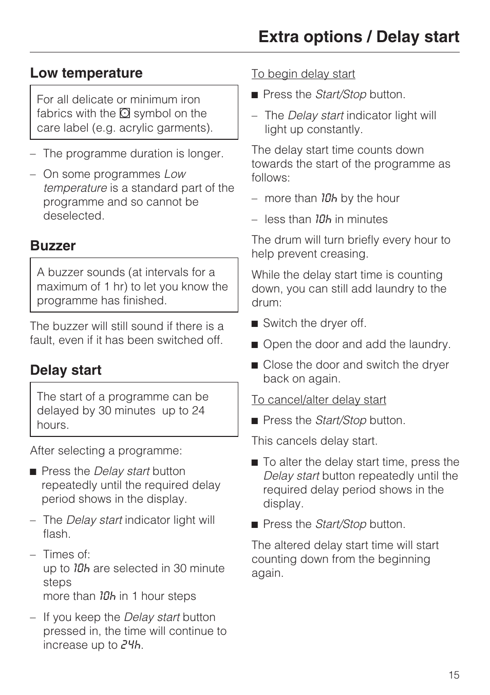 Extra options / delay start 15, Low temperature 15, Buzzer 15 | Delay start 15, Extra options / delay start, Low temperature, Buzzer, Delay start | Miele T 7744 C User Manual | Page 15 / 52