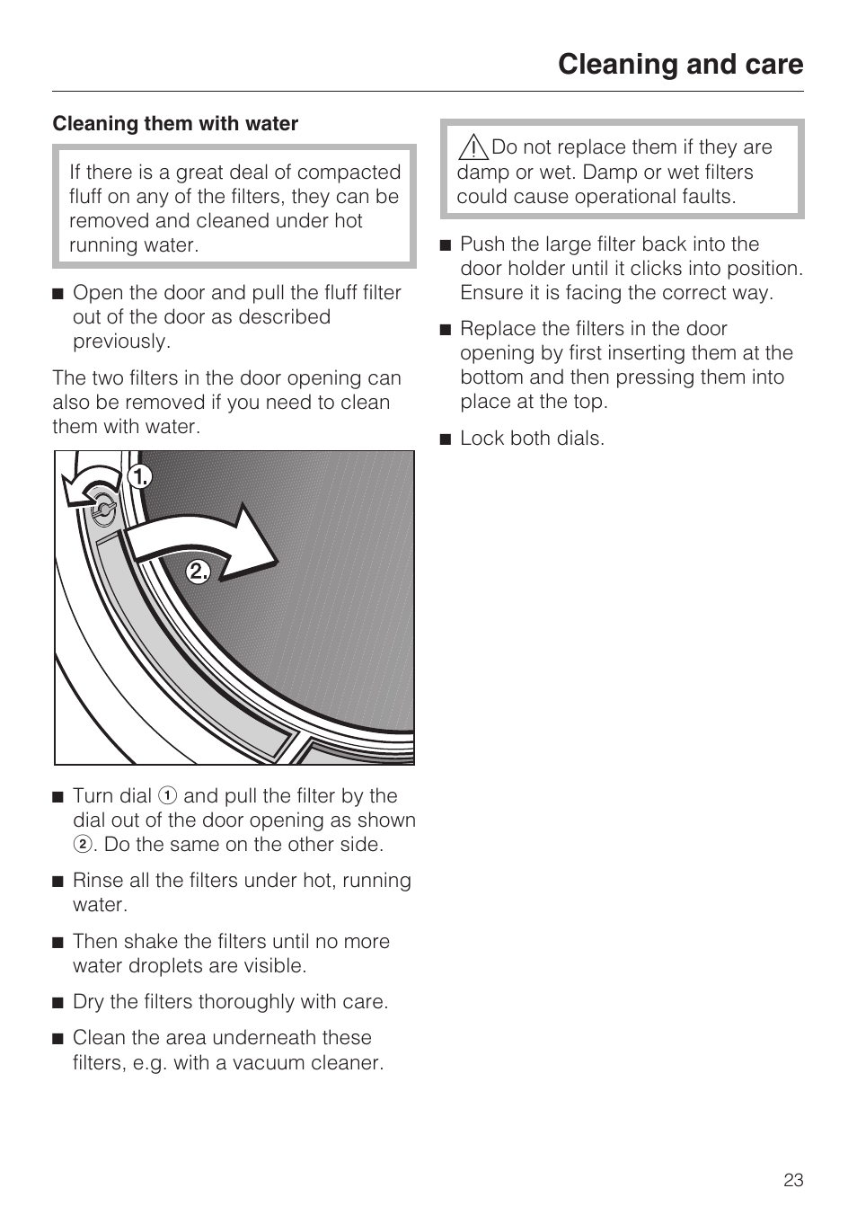 Cleaning them with water 23, Cleaning and care | Miele T 7744 C User Manual | Page 23 / 52