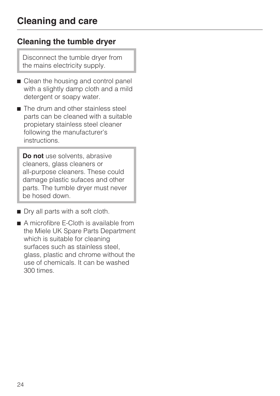Cleaning the tumble dryer 24, Cleaning and care, Cleaning the tumble dryer | Miele T 7744 C User Manual | Page 24 / 52