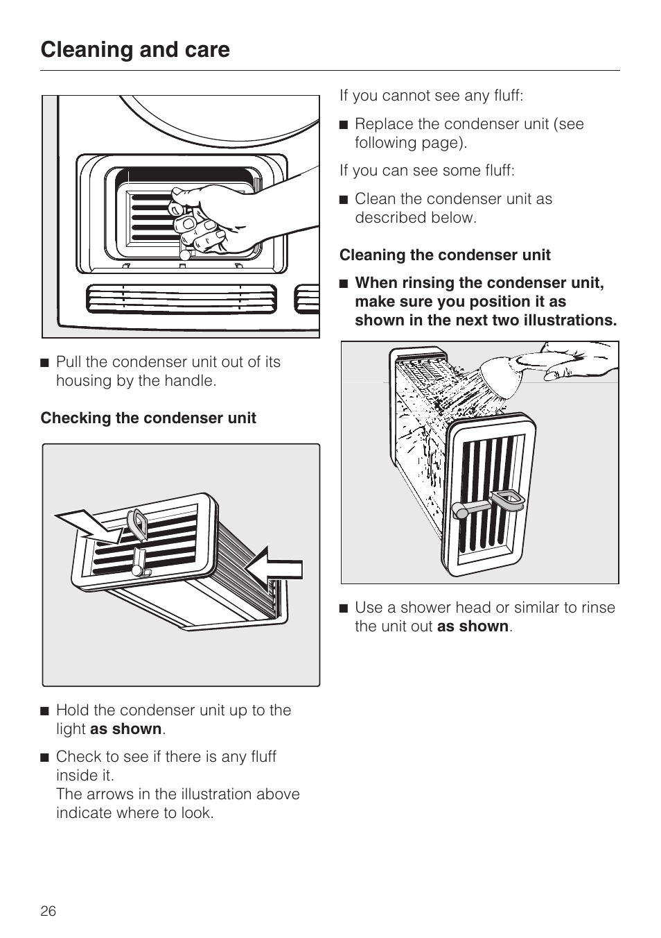 Checking the condenser unit 26, Cleaning the condenser unit 26, Cleaning and care | Miele T 7744 C User Manual | Page 26 / 52