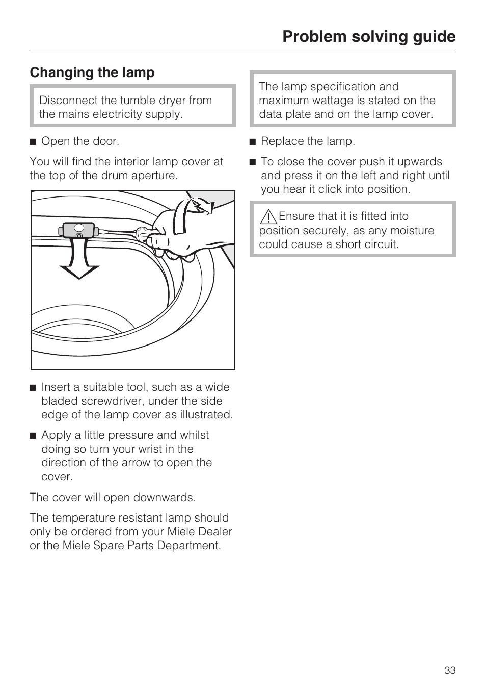 Changing the lamp 33, Problem solving guide, Changing the lamp | Miele T 7744 C User Manual | Page 33 / 52
