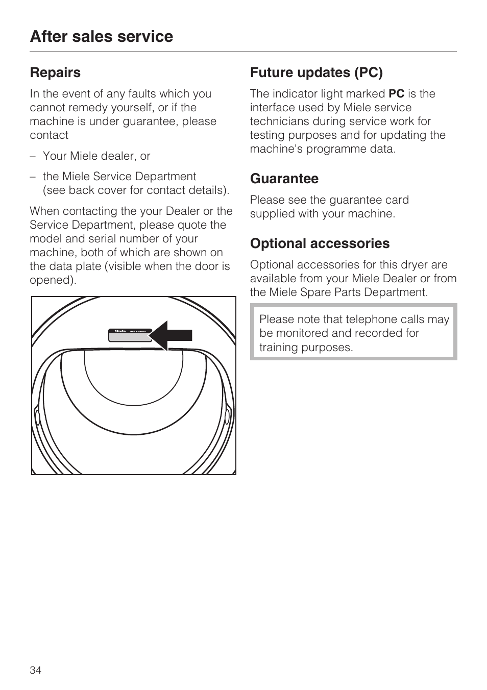 After sales service 34, Repairs 34, Future updates (pc) 34 | Guarantee 34, Optional accessories 34, After sales service | Miele T 7744 C User Manual | Page 34 / 52