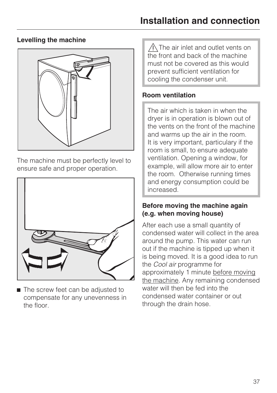 Levelling the machine 37, Room ventilation 37, Installation and connection | Miele T 7744 C User Manual | Page 37 / 52