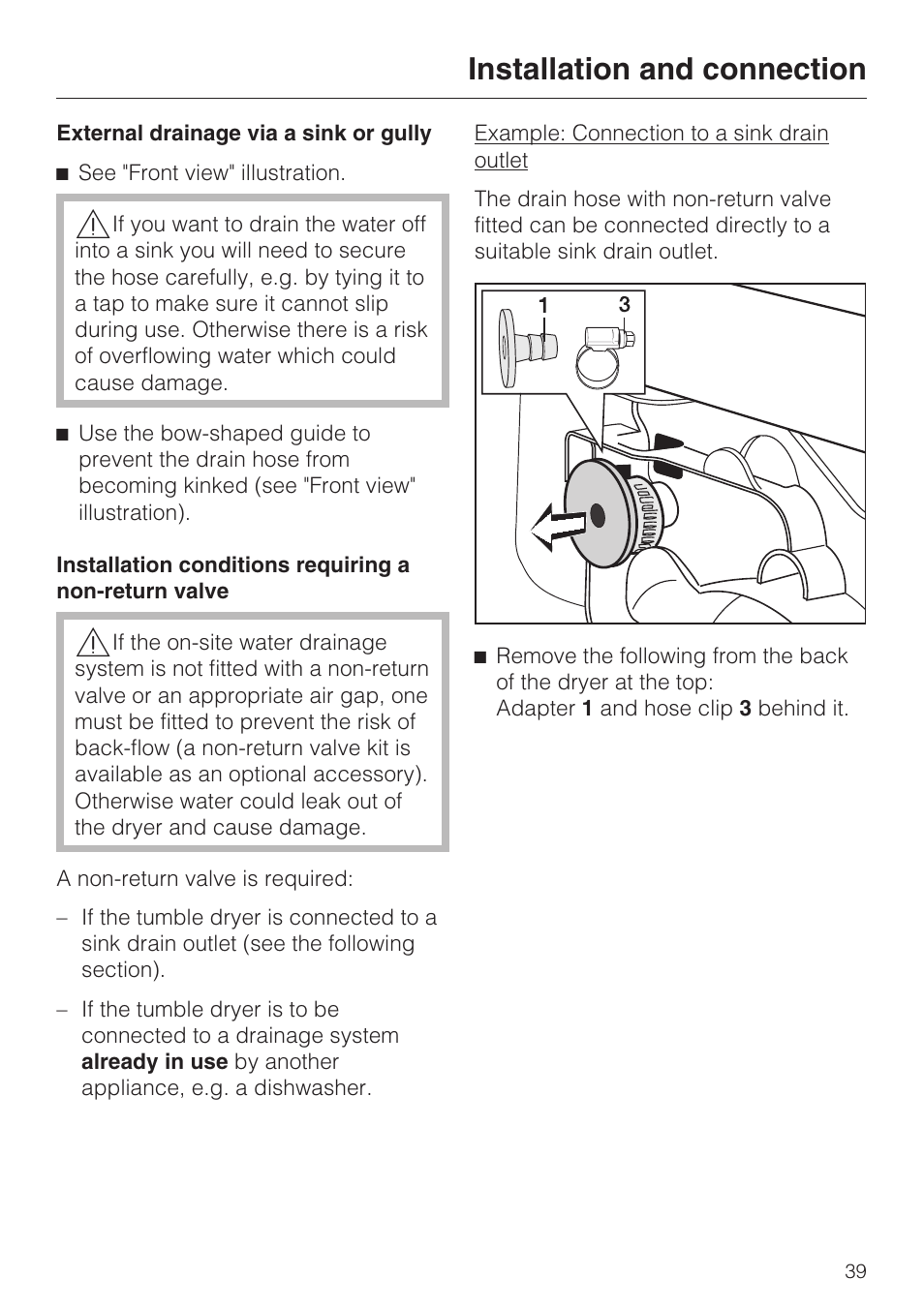 External drainage via a sink or gully 39, Installation and connection | Miele T 7744 C User Manual | Page 39 / 52