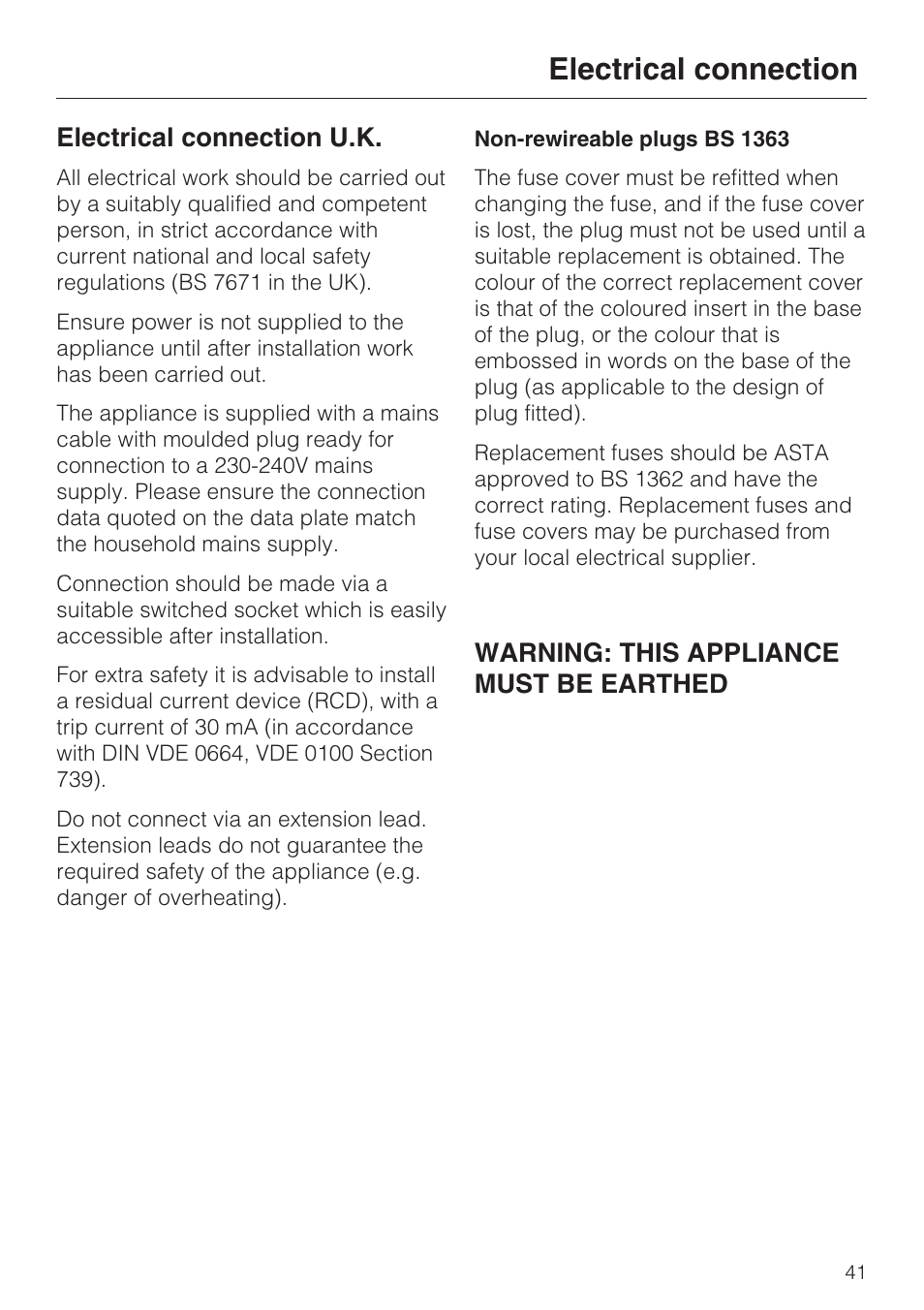 Electrical connection 41, Electrical connection u.k. 41, Electrical connection | Electrical connection u.k, Warning: this appliance must be earthed | Miele T 7744 C User Manual | Page 41 / 52