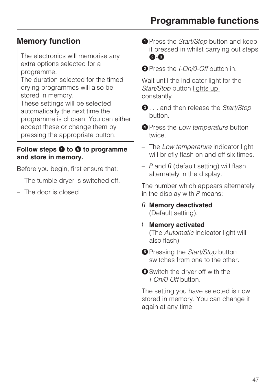 Memory function 47, Programmable functions | Miele T 7744 C User Manual | Page 47 / 52
