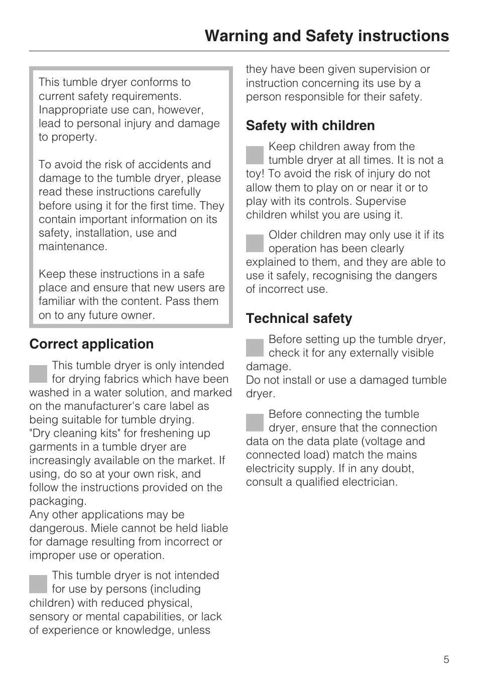 Warning and safety instructions 5, Warning and safety instructions, Correct application | Safety with children, Technical safety | Miele T 7744 C User Manual | Page 5 / 52