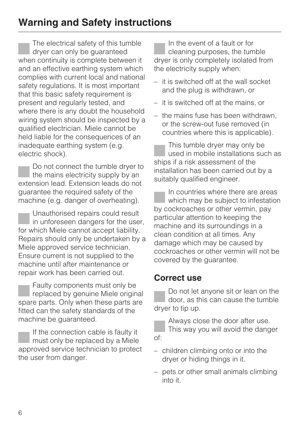 Warning and safety instructions, Correct use | Miele T 7744 C User Manual | Page 6 / 52