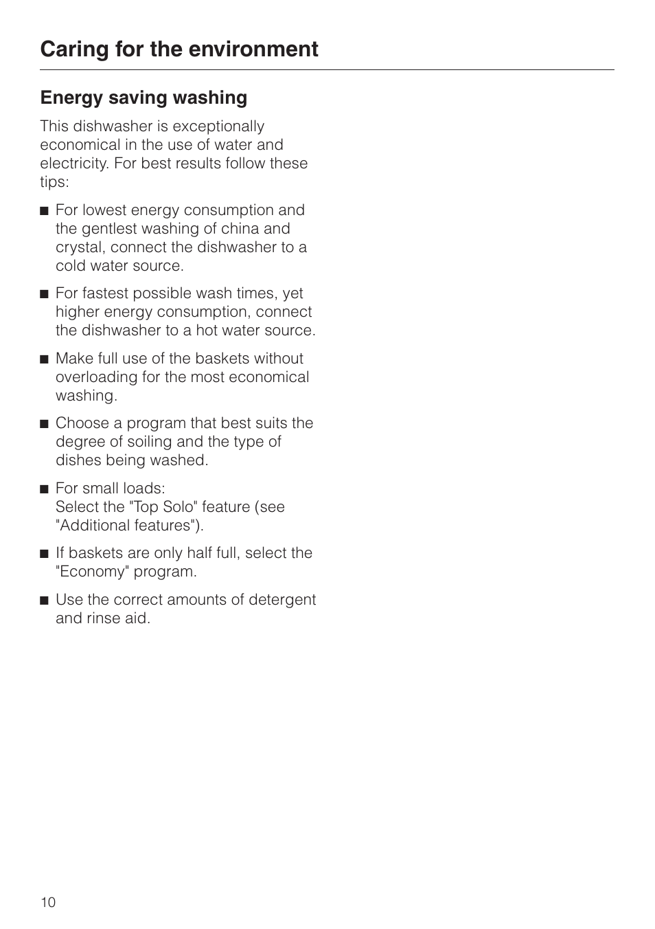 Caring for the environment 10, Energy saving washing 10, Caring for the environment | Energy saving washing | Miele G892SC User Manual | Page 10 / 52