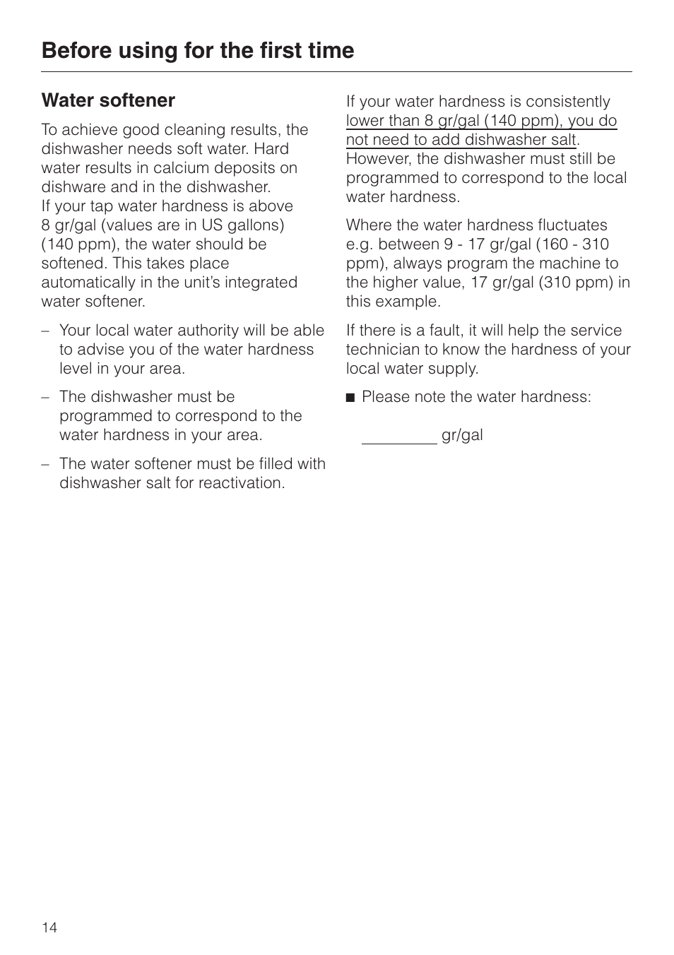 Water softener 14, Water softener, Before using for the first time | Miele G892SC User Manual | Page 14 / 52