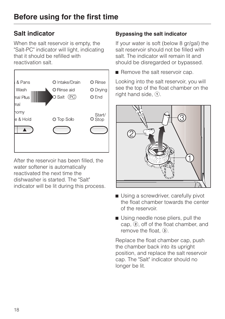 Salt indicator 18, Salt indicator, Before using for the first time | Miele G892SC User Manual | Page 18 / 52