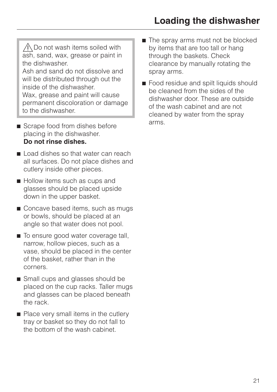 Loading the dishwasher 21, Loading the dishwasher | Miele G892SC User Manual | Page 21 / 52