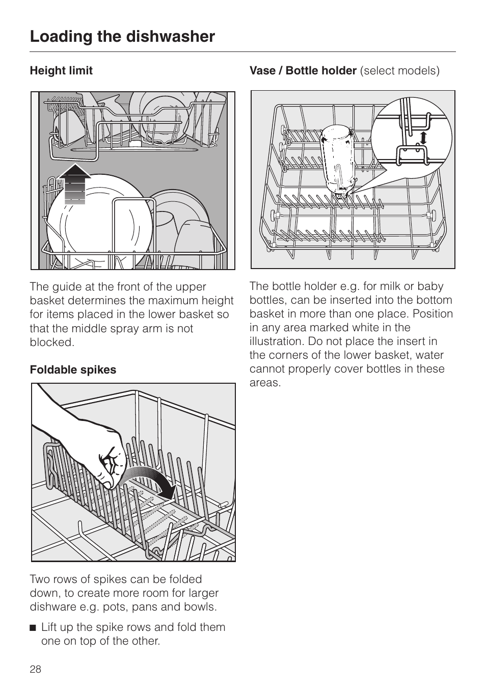 Foldable spikes 28, Vase / bottle holder (select models) 28, Loading the dishwasher | Miele G892SC User Manual | Page 28 / 52