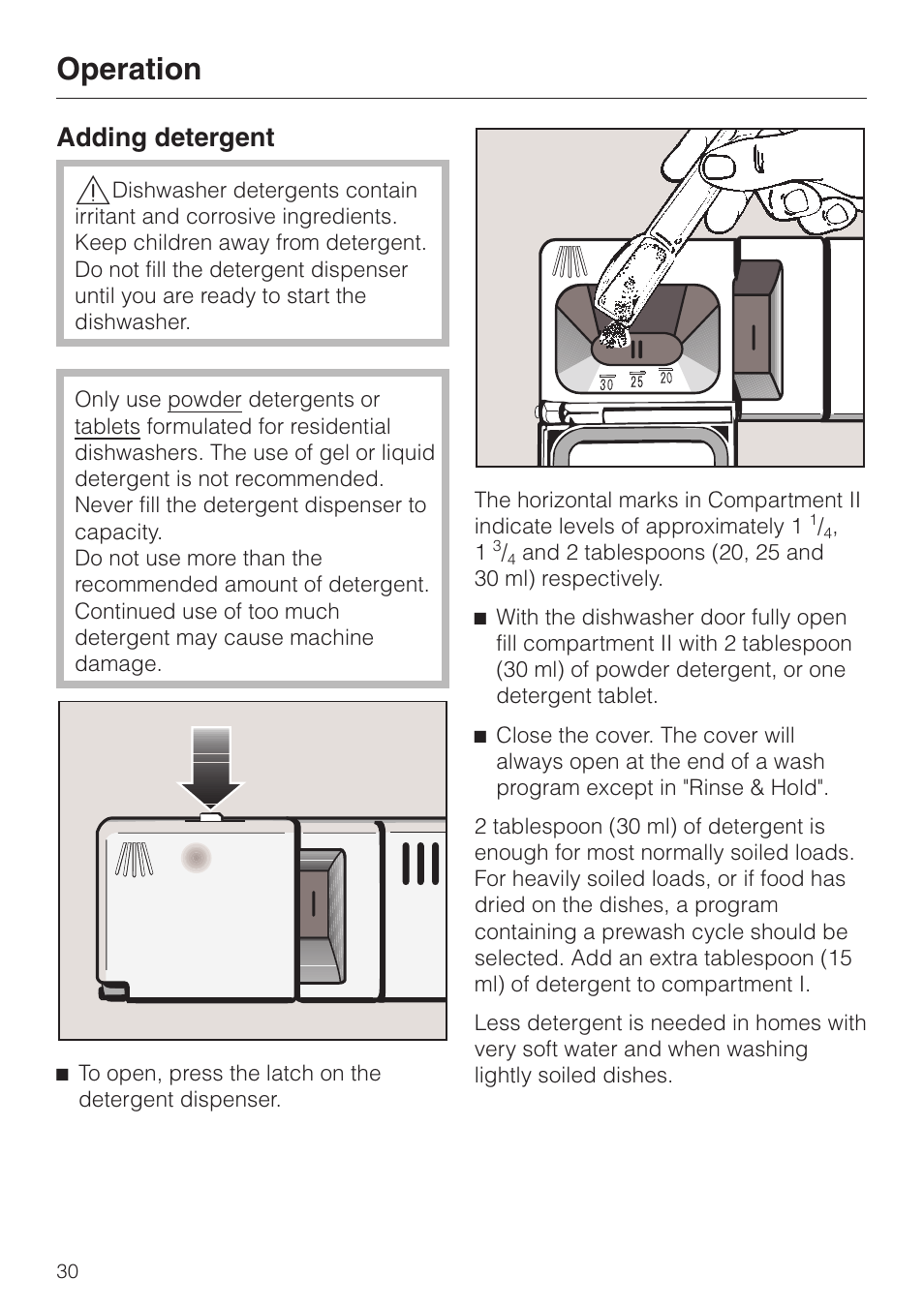 Operation 30, Adding detergent 30, Adding detergent | Operation | Miele G892SC User Manual | Page 30 / 52