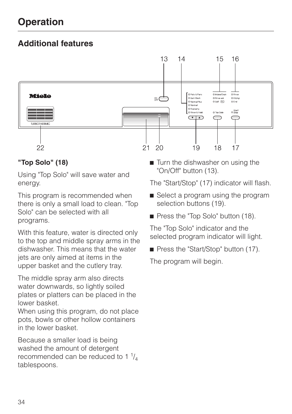 Additional features 34, Top solo" (18) 34, Additional features | Top solo" (18), Operation | Miele G892SC User Manual | Page 34 / 52